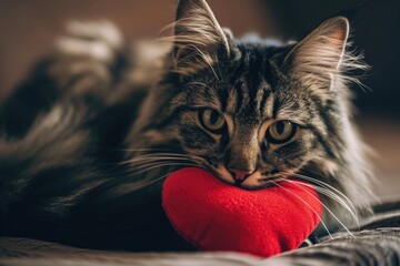 cat with plush soft red heart Lover Valentine cat with a red heart