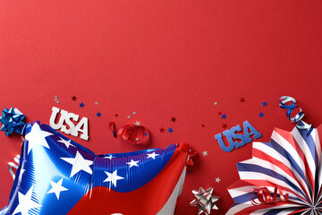 Balloon and paper fan in American flag colors on red background with decorations. USA Presidents...