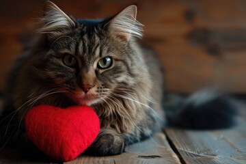 cat with plush soft red heart Lover Valentine cat with a red heart
