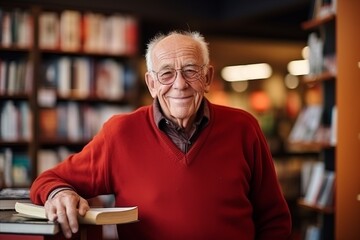 Portrait of a happy senior man reading a book in a library