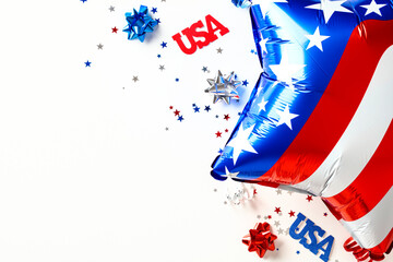 USA holiday banner design. Frame of american flag balloon and confetti stars on white background....