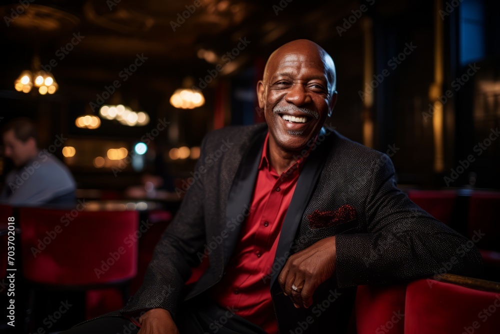 Poster Portrait of a happy senior african american man in a restaurant.