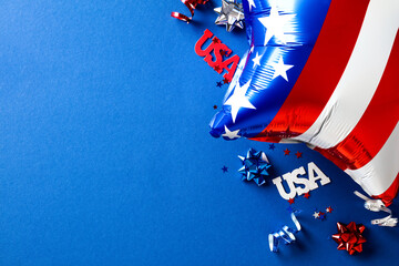 Presidents day USA banner mockup with american flag balloon, confetti stars and decorations in...