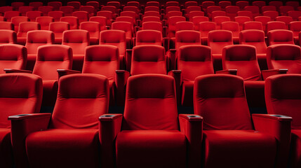 Fototapeta premium Empty red seats cinema rows seats. Movie night concept. Movie theatre experience. 