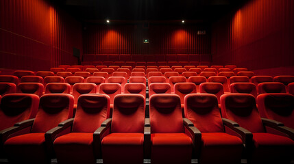 Empty red seats cinema rows seats. Movie night concept. Movie theatre experience.  - obrazy, fototapety, plakaty