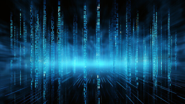 Binary futuristic blue rain background. Matrix background.