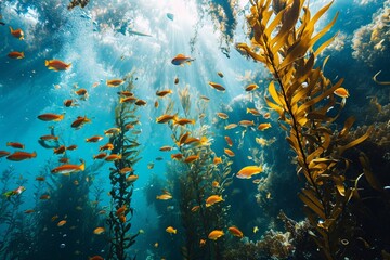 Naklejka na ściany i meble : Witness a school of colorful fish weaving through an underwater garden of kelp, presenting a fantastic opportunity for wide-angle photography. Discover gear recommendations and expert advice on 