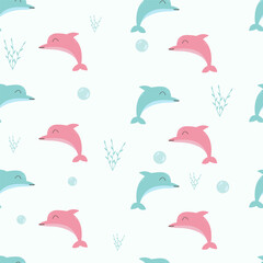 Seamless pattern with cute dolphins, seaweed and bubbles. Vector illustration in kawaii style, sea background. For printing, design, wallpaper, decoration, textiles and packaging.