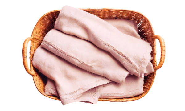 natural linen towel in a hand-made  isolated on a transparent background, Lifestyle concept design element, Top view, png.