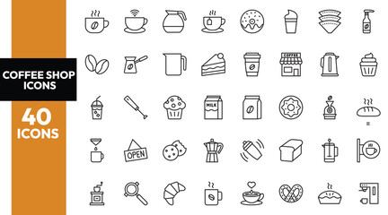 vector, symbol, café, illustration, drink, icon, cup, sign, food, espresso, cappuccino, breakfast, menu, outline, pack, set, line, bean, shop, milk, mug, thin, hot, hot drink, linear, coffee shop