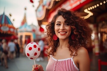 Beautiful young woman with lollipop on the amusement park background