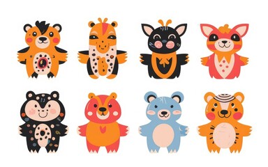 Obraz na płótnie Canvas set of cute smiling animals in Chinese New Year style. Cartoon zoo. Poster for children's product design in Scandinavian style on a white background.