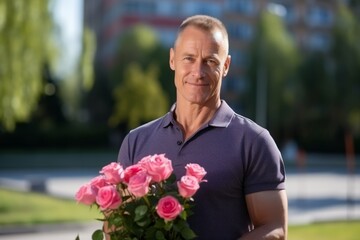 Portrait of handsome mature man with bouquet of pink roses outdoors