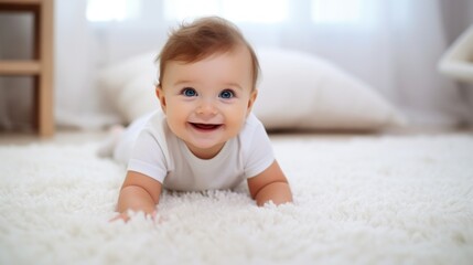 Cute smiling little child baby crawls on a white rag and looks at the camera in the playroom.
