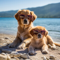golden retriever dog with a puppy on the seashore wearing glasses sunbathing
