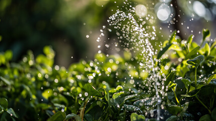 Obraz premium Watering garden, refreshing, active, green, droplets