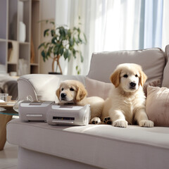 Golden retriever with a puppy in a beautiful fashionable high-tech interior sitting on the sofa