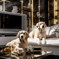 Golden retriever with a puppy in a beautiful fashionable high-tech interior sitting on the sofa
