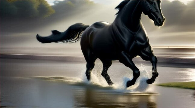 水の上を走る黒い馬｜black horse running on water