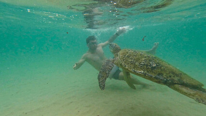 young man with wild turtle in Sri Lanka