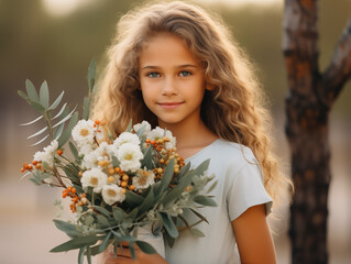 Beautiful girl with a bouquet of wild flowers close-up. Spring or summer concept