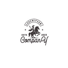 Spartan Knight riding a horse vintage badge logo design vector illustration