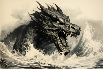 Sea monster serpent, engraved style art. Generative AI image.






 - obrazy, fototapety, plakaty