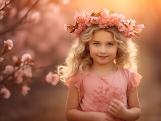 Fototapeta premium Cute toddler girl with flower wreath close-up. Spring or summertime concept