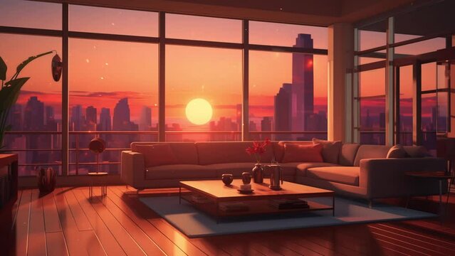virtual backgrounds stream interior cozy living room stream overlay loop, interior, cozy futuristic cyberpunk living room at sunset, vtuber asset twitch zoom OBS screen, chill anime lo-fi hip hop