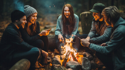 Joyous group of millennials laughing and bonding around a campfire, embodying friendship and fun during a wilderness camping adventure  - obrazy, fototapety, plakaty