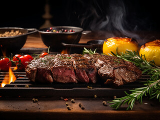 Grilled meat steak on stainless grill depot with flames on dark background. Food and cuisine concept.