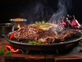 Grilled meat steak on stainless grill depot with flames on dark background. Food and cuisine concept.