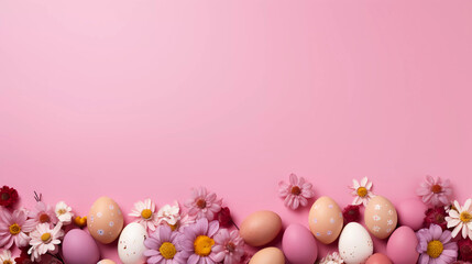 Lots of flowers and colorful Easter eggs on a pink background with copy space 