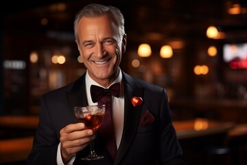 Portrait of a handsome mature man holding a martini glass in a nightclub