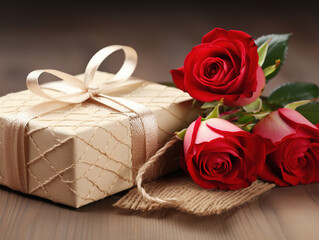 Valentine's Day gift, a box with a bow and roses close-up. 14 February concept