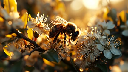 Bee pollinates flowers in the garden at sunset. Bee pollinates flowers. - obrazy, fototapety, plakaty