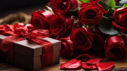Valentine's Day gift, a box with a bow and roses close-up. 14 February concept - obrazy, fototapety, plakaty