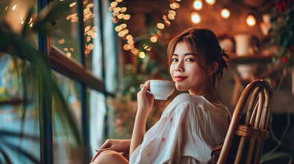 Happy asian woman relaxing drinking hot coffee or tea in holiday morning vacation on armchair at home, Cosy scene, Smiling pretty woman drinking hot tea in autumn winter - obrazy, fototapety, plakaty