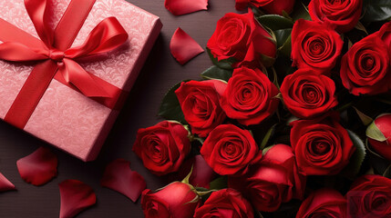 Valentine's Day gift, a box with a bow and roses close-up. 14 February concept