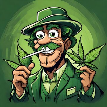 cartoon illustration of a character man mascot for a marijuana cannabis company
