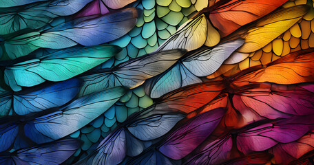 a close up of a colorful pattern of wings of a dragonfly, with a blue, green, purple, yellow, and...