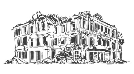 Comic book style illustration of damaged public building in black and white