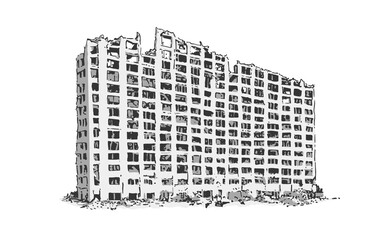 Comic book style illustration of damaged apartment block in black and white