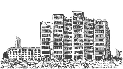 Comic book style illustration of damaged apartment block in black and white