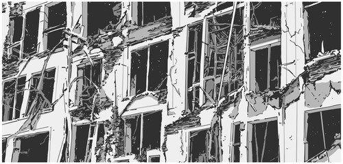 Comic book style illustration of damaged building in black and white