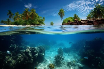 Tropical island with palms and underwater corals and fish. Tropical vacation 