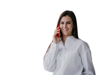 Cheerful brunette hispanic young businesswoman talking by phone against transparent background, great news. Pretty caucasian girl using cell phone looks happily at camera. Successful female.