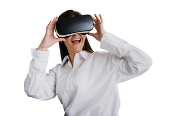 girl in virtual reality headset. Augmented Reality. Happy woman holds 3D vr glasses indoors, wide smiles opens mouth in happy expression against transparent background