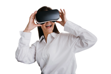 girl in virtual reality headset. Augmented Reality. Happy woman holds 3D vr glasses indoors, wide smiles opens mouth in happy expression against transparent background