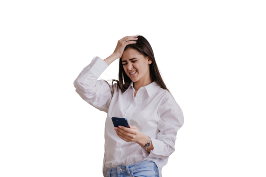 Young woman touching head with painful face expression holds phone wants to speak with doctor against transparent background. Upset girl received terrible news. Grief, trouble, failure